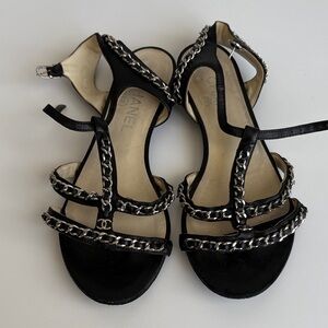 CHANEL Black Sandals with Silver Chain Accents